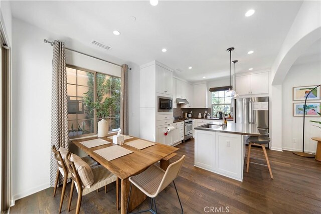 dining area featuring sink and dark wood-type flooring