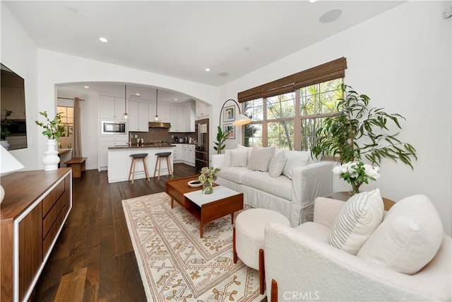 living room with dark hardwood / wood-style floors