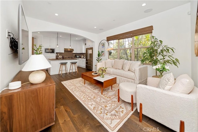 living room featuring dark wood-type flooring