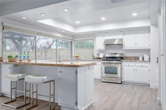 kitchen featuring under cabinet range hood, white cabinetry, light wood-type flooring, and stainless steel range with gas cooktop