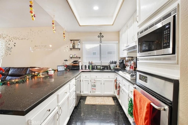 kitchen featuring white cabinetry, sink, stainless steel appliances, and kitchen peninsula