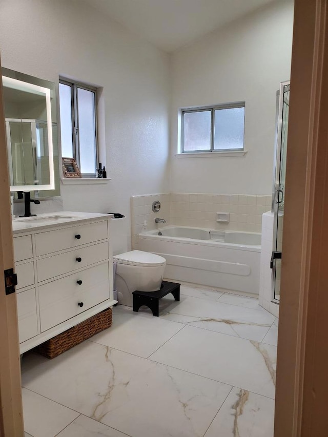 bathroom featuring a tub to relax in, toilet, and vanity