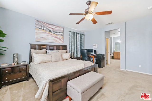 bedroom featuring light colored carpet and ceiling fan