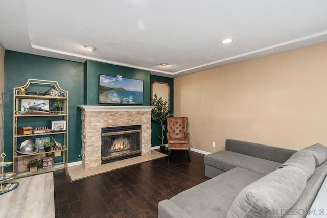 living room with hardwood / wood-style flooring and a stone fireplace