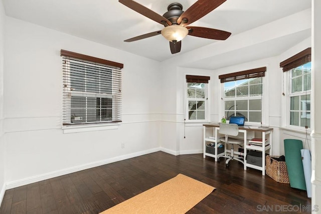 office area featuring dark hardwood / wood-style flooring and ceiling fan