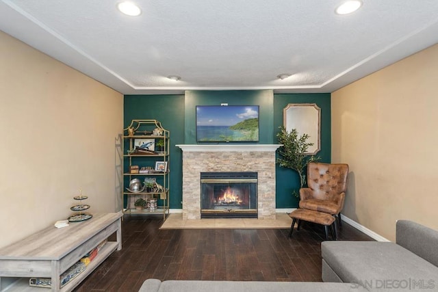 living area with a stone fireplace and hardwood / wood-style floors