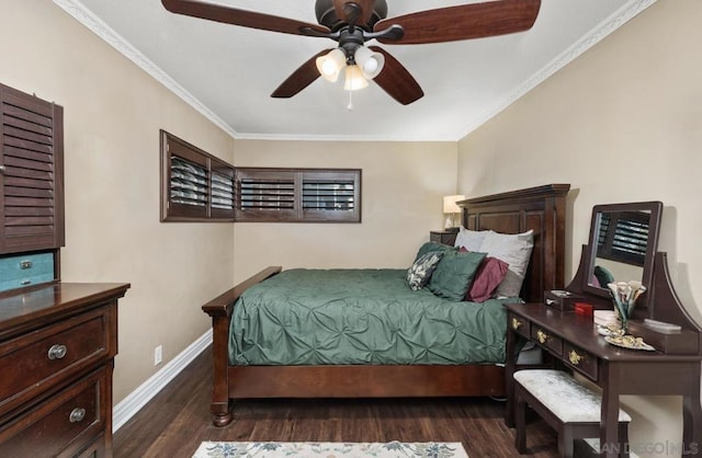 bedroom with crown molding, ceiling fan, and dark hardwood / wood-style flooring