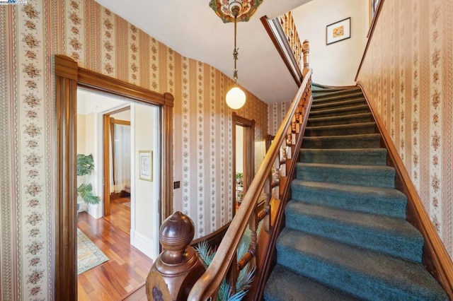 stairway with wood-type flooring