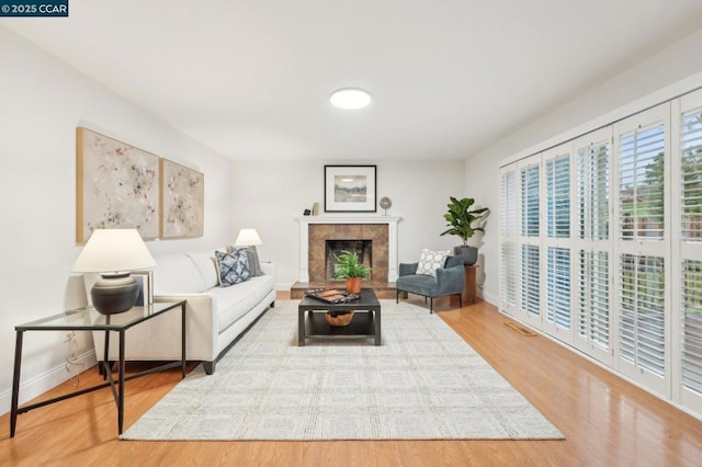 living room featuring hardwood / wood-style flooring and a fireplace