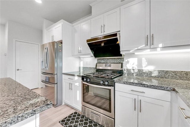 kitchen with white cabinetry, light stone countertops, light hardwood / wood-style flooring, and stainless steel appliances