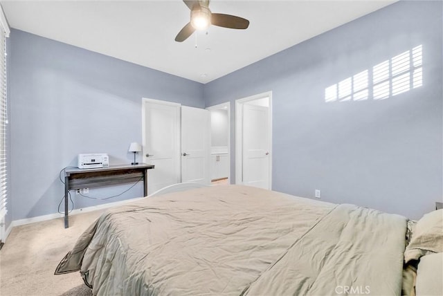 bedroom with ceiling fan and carpet floors