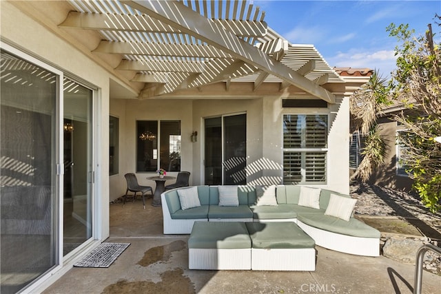 view of patio with an outdoor living space and a pergola