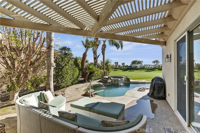 view of patio featuring a swimming pool with hot tub and a pergola