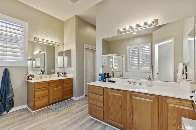 bathroom featuring vanity, hardwood / wood-style floors, and an enclosed shower