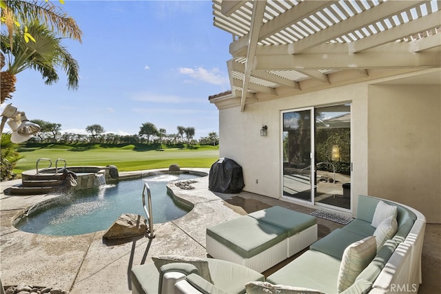 view of swimming pool featuring a pergola, an outdoor hangout area, a patio, and pool water feature