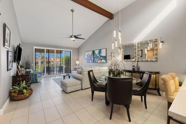 tiled dining area featuring beamed ceiling, ceiling fan, and high vaulted ceiling