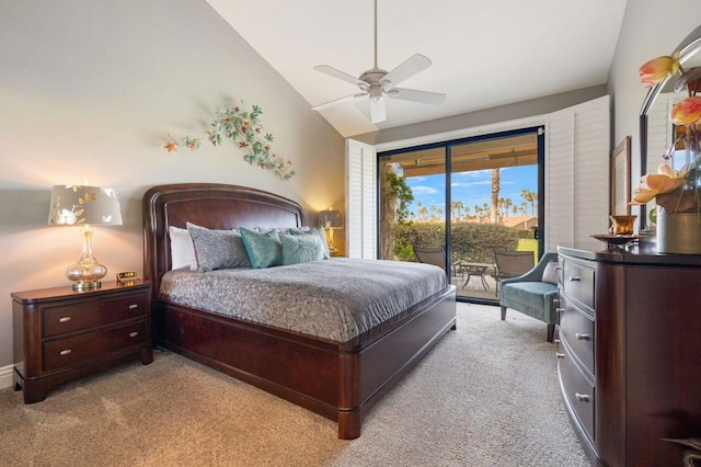 carpeted bedroom featuring lofted ceiling, access to outside, and ceiling fan