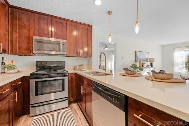 kitchen with pendant lighting, sink, ceiling fan, appliances with stainless steel finishes, and light hardwood / wood-style floors