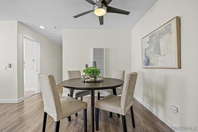 dining space with ceiling fan and light wood-type flooring