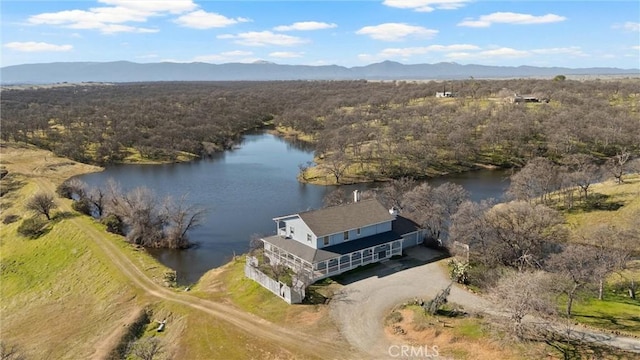 bird's eye view featuring a water and mountain view