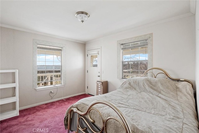 carpeted bedroom featuring crown molding