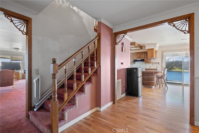 staircase with wood-type flooring and ornamental molding