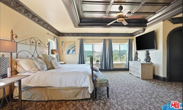 carpeted bedroom featuring crown molding and coffered ceiling