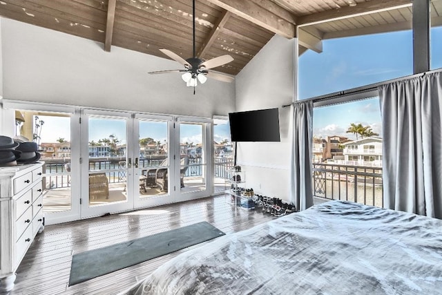 unfurnished bedroom featuring high vaulted ceiling, beamed ceiling, wood-type flooring, access to outside, and wooden ceiling