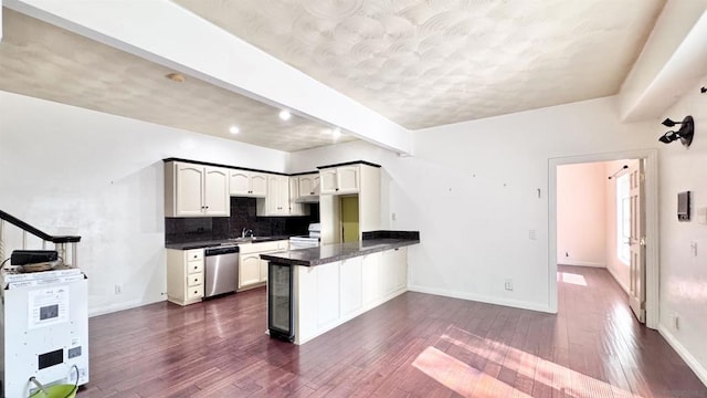 kitchen with white cabinetry, dishwasher, dark hardwood / wood-style flooring, electric range, and kitchen peninsula