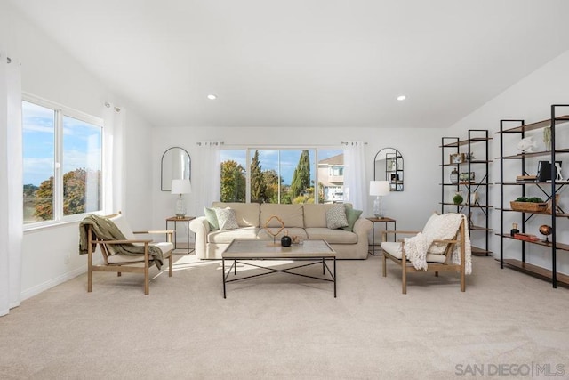 living room featuring light carpet