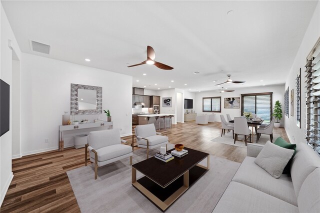 living room with wood-type flooring and ceiling fan