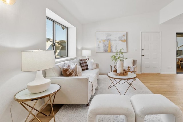 living room featuring vaulted ceiling and light hardwood / wood-style flooring