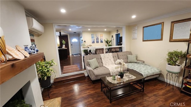 living room featuring crown molding, dark hardwood / wood-style flooring, and a wall mounted AC