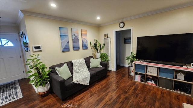 living room with dark hardwood / wood-style flooring and ornamental molding