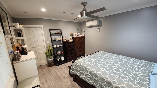 bedroom with ornamental molding, light hardwood / wood-style floors, an AC wall unit, and ceiling fan