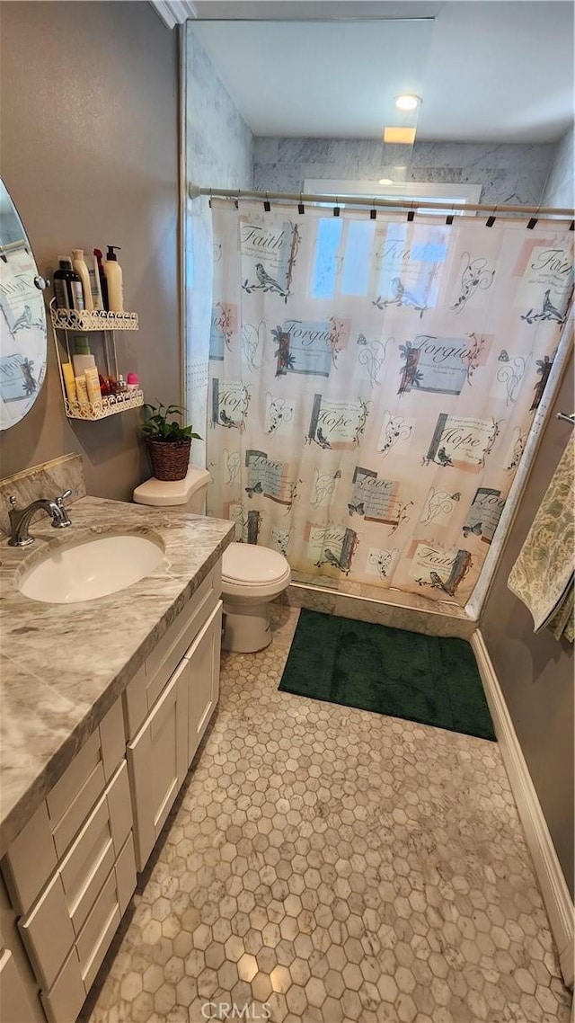 bathroom with vanity, toilet, and a shower with shower curtain