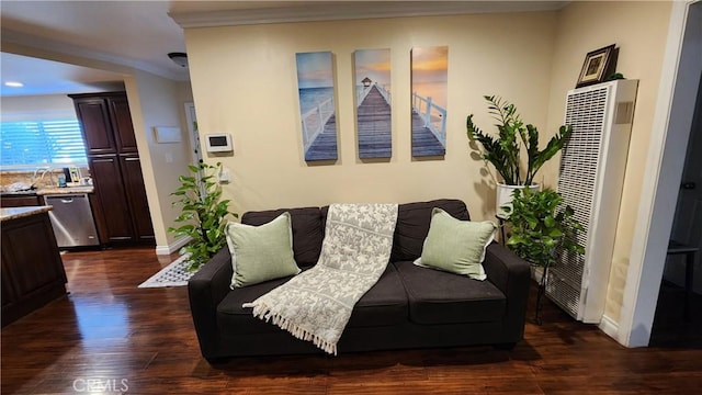 living room featuring crown molding and dark hardwood / wood-style floors