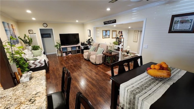 interior space featuring crown molding and dark wood-type flooring