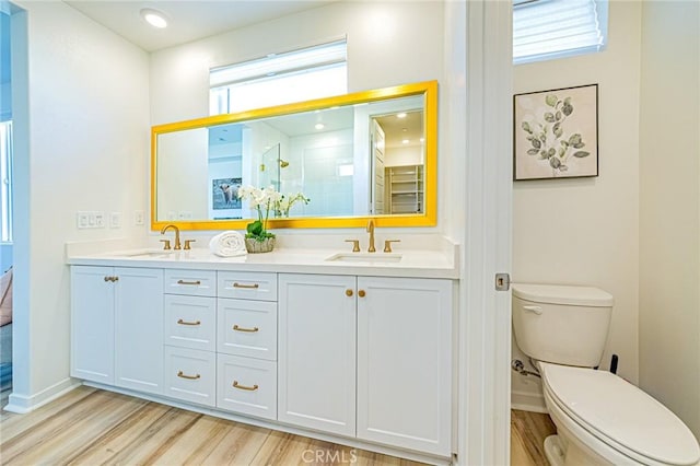 bathroom with vanity, hardwood / wood-style floors, and toilet