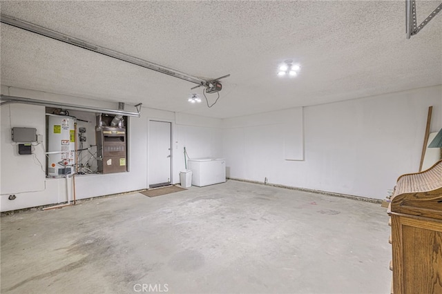 garage with water heater, heating unit, and a garage door opener