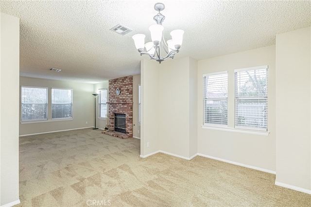 unfurnished living room featuring a brick fireplace, visible vents, light carpet, and baseboards