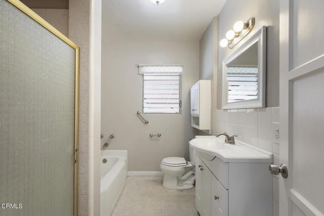 full bathroom featuring tile walls, vanity, a wealth of natural light, and shower with separate bathtub