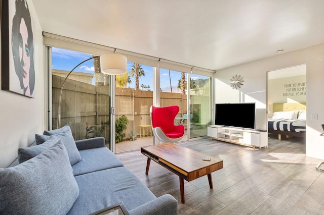 living room with floor to ceiling windows, plenty of natural light, and hardwood / wood-style floors