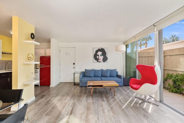 living room with sink and hardwood / wood-style floors