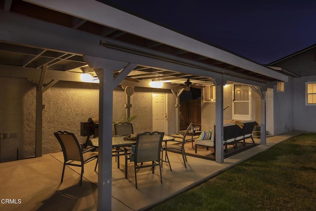 patio at twilight with ceiling fan