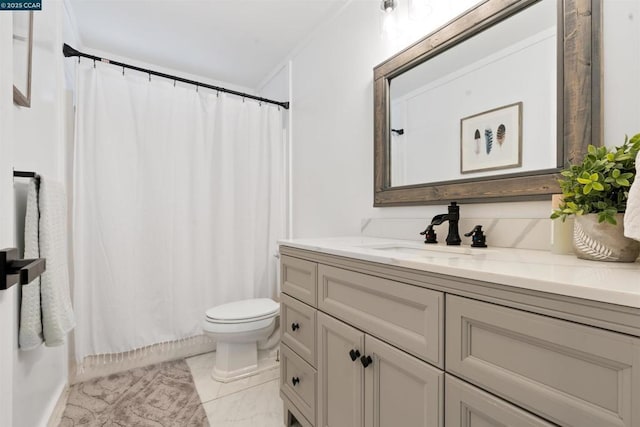 bathroom featuring walk in shower, vanity, and toilet