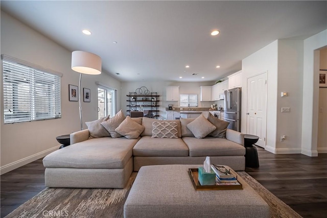 living room featuring dark hardwood / wood-style floors and sink