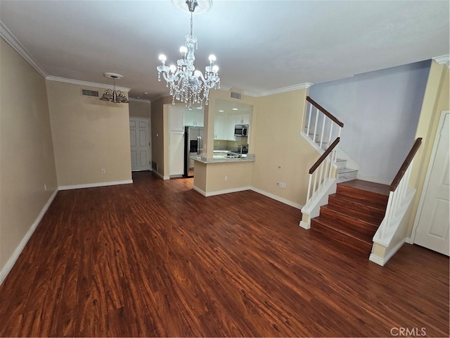 unfurnished living room featuring dark wood finished floors, visible vents, stairway, ornamental molding, and baseboards