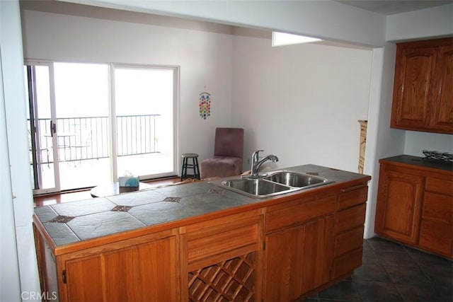 kitchen featuring dark tile patterned flooring and sink