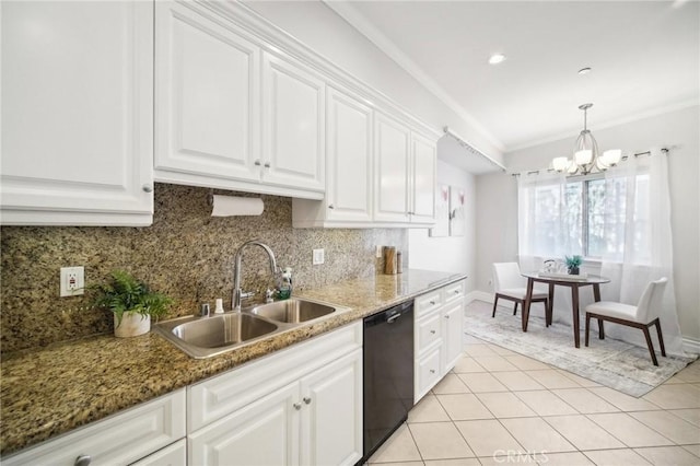 kitchen featuring white cabinetry, dishwasher, sink, and ornamental molding